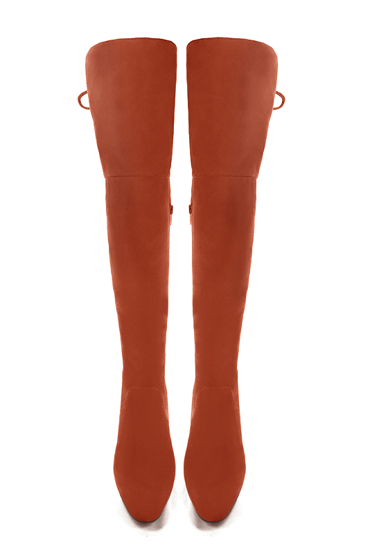 Terracotta orange women's leather thigh-high boots. Round toe. High block heels. Made to measure. Top view - Florence KOOIJMAN